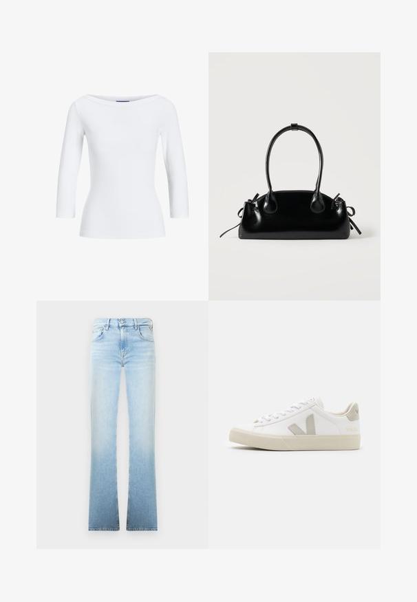 Witte geribbelde longsleeve top met een bootnek. De stof is soepel, aansluitend en heeft een nette afwerking bij de mouwen en de zoom.; Lichtblauwe spijkerbroek met uitlopende pijpen, geleidelijk verkleurend, met een vijf-vakken ontwerp en een knoopsluiting in de taille. Gladde textuur en strakke lijnen.; Witte sneakers van leer met grijze V-logo accenten, een gestructureerde rubberen zool, witte veters en een gevoerde tong en kraag.; Kleine zwarte glanzende handtas met twee lange hengsels en zijkant trekkoord details op een effen lichte achtergrond.