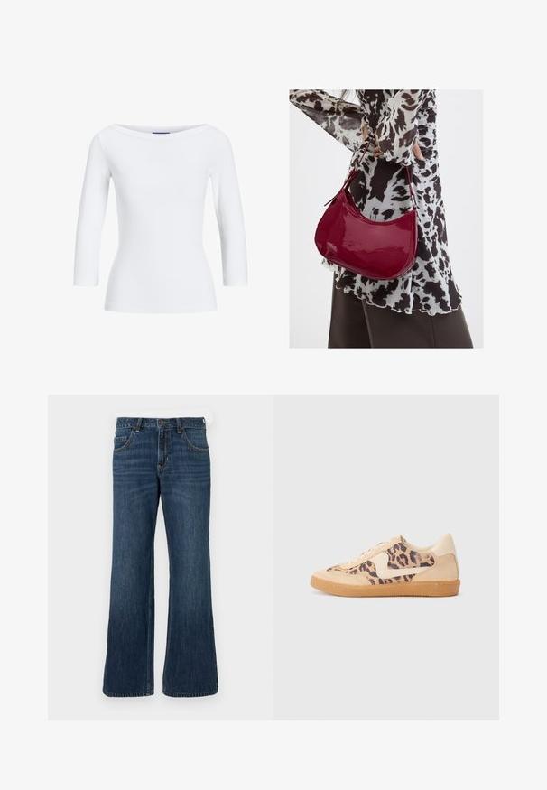 Hvid, ribbet langærmet top med bådudskæring. Stoffet er glat, tætsiddende og har en ren afslutning ved manchetterne og kanten.; Mørkeblå jeans med vide ben og klassisk design med fem lommer, der har knaplukning og diskret falming. Fremstillet af denimstof.; Leopardprint sneakers med beige ruskindsoverdel, tan gummisål og hvide detaljer. Rund pegefinger og snørebåndsdesign med en tekstureret finish.; Kvinde iført en sort- og hvidmønstret bluse, der holder en blank rød skuldertaske mod en ensfarvet baggrund.