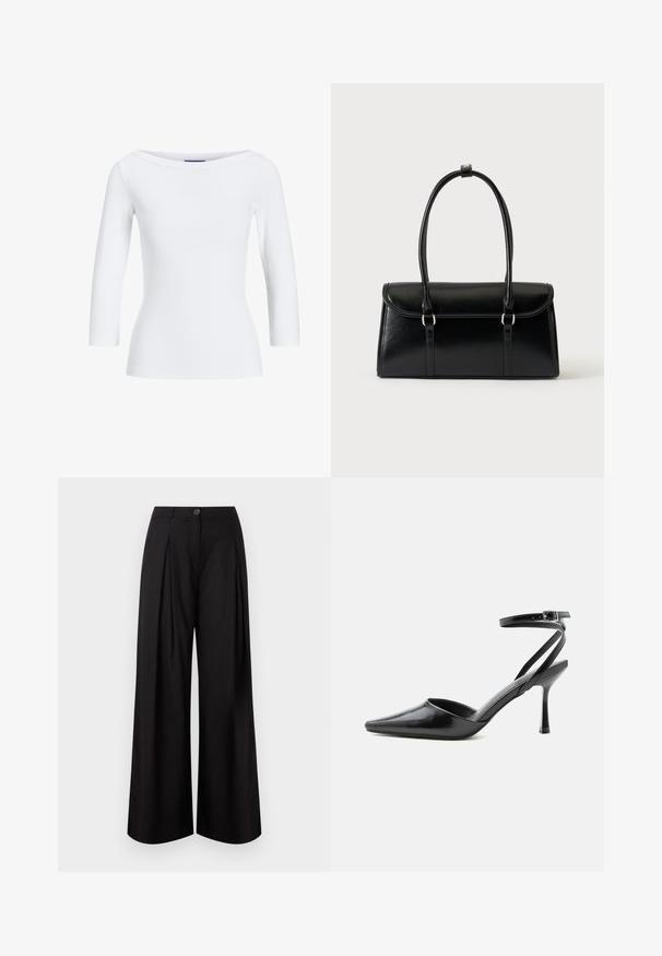 Hvid, ribbet langærmet top med bådudskæring. Stoffet er glat, tætsiddende og har en ren afslutning ved manchetterne og kanten.; Sorte bukser med vide ben, forreste plisseringer, taljebånd, knaplukning og skjult lynlås.; Sort spids højhælet sko med tynde ankelremme og sølvspænde på en ensfarvet lys baggrund.; Sort rektangulær læderhåndtaske med klaplukning og to lange håndtag mod en ensfarvet hvid baggrund.