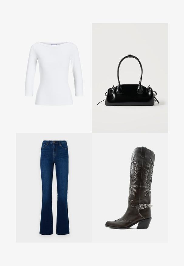 Witte geribbelde longsleeve top met een bootnek. De stof is soepel, aansluitend en heeft een nette afwerking bij de mouwen en de zoom.; Donkerblauwe flared jeans van denim met een hoge taille, voorzien van voorzakken, een ritssluiting en subtiele stikseldetails.; Zwarte leren cowboylaars met decoratieve uitsnijdingen, zilveren gesp en schuine hak, weergegeven op een witte achtergrond.; Kleine zwarte glanzende handtas met twee lange hengsels en zijkant trekkoord details op een effen lichte achtergrond.