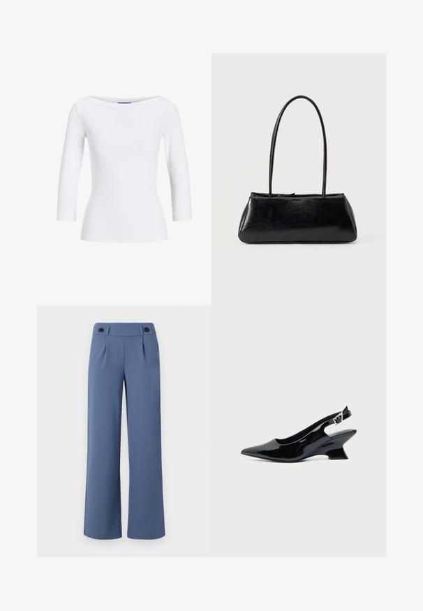 Top blanco de manga larga con cuello barco. La tela es suave, ajustada y presenta un acabado limpio en los puños y el dobladillo.; Pantalones de pierna ancha azul, hechos de una tela suave, con un frente plano, dos pliegues y dos botones negros en la cintura.; Zapato slingback de cuero charol negro con puntera puntiaguda y tacón bajo en bloque inclinado sobre fondo claro liso.; Bolso de hombro rectangular negro con correas largas y delgadas y una textura lisa y brillante sobre un fondo liso.
