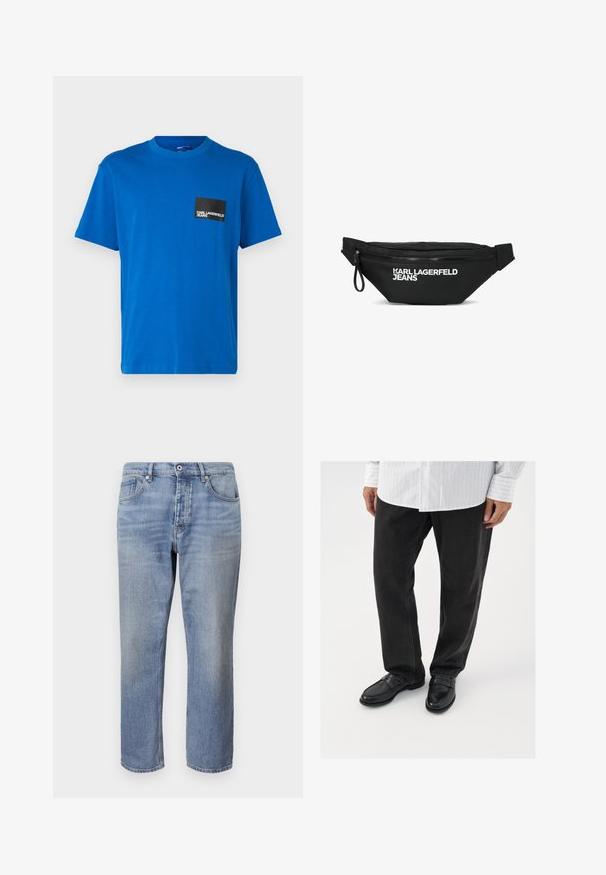 Blauwe katoenen t-shirt met een ronde halslijn, korte mouwen, met een zwarte vierkante zak met witte logotekst. Gladde textuur.; Lichtblauwe denimjeans met een rechte pijp, vijfzakkenontwerp, zichtbare stiksels en een knoopsluiting aan de taille.; Zwarte denim broek gecombineerd met glanzende zwarte instappers. Het shirt is wit met dunne verticale strepen, heeft lange mouwen en een geknoopte kraag.; Zwart heuptasje met rits en witte "KARL LAGERFELD JEANS" logo aan de voorkant, en verstelbare riem aan beide zijden.