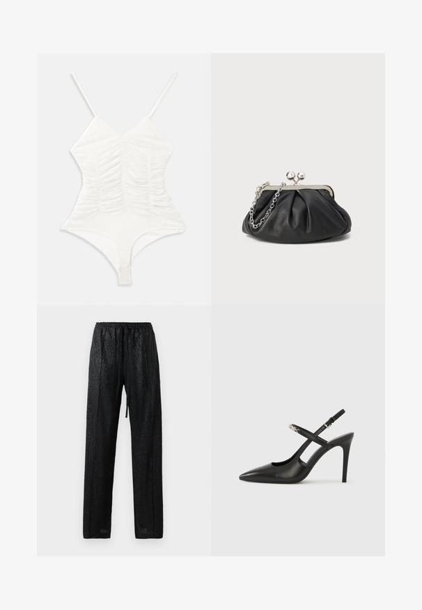 Body blanc avec bretelles réglables, décolleté en V et détail froncé à l'avant. Design ajusté avec une texture lisse et extensible.; Pantalons noirs légers avec une surface texturée et brillante. Ils sont dotés d'une taille élastique avec un cordon de serrage et d'une coupe ample.; Escarpins slingback en cuir noir avec bout pointu, design ajouré et bride ajustable ornée de ferrures métalliques.; Porte-monnaie en cuir noir avec texture froncée, cadre en métal argenté, fermeture à verrouillage kiss-lock et bandoulière en chaîne. Surface lisse et douce.