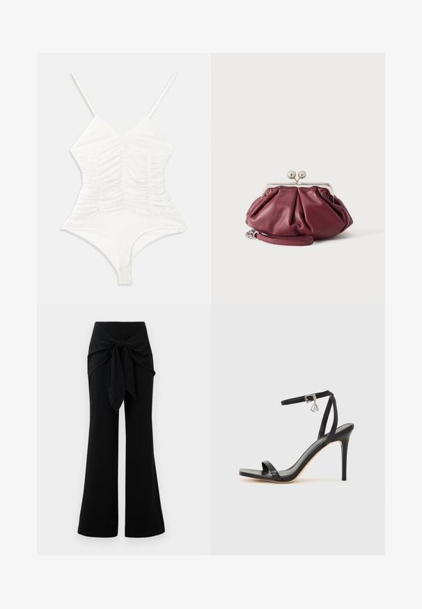 Body blanc avec bretelles réglables, décolleté en V et détail froncé à l'avant. Design ajusté avec une texture lisse et extensible.; Pantalons larges noirs avec un détail de lien à la taille. Fabriqués en tissu doux, avec une texture lisse et des lignes épurées. Ourlet légèrement évasé.; Sandale à talon haut noire avec une bride étroite à la cheville, bout carré, cuir lisse et accent de boucle métallique.; Petite pochette en cuir bordeaux avec fermoir en métal argenté et bracelet pour poignet sur fond blanc.