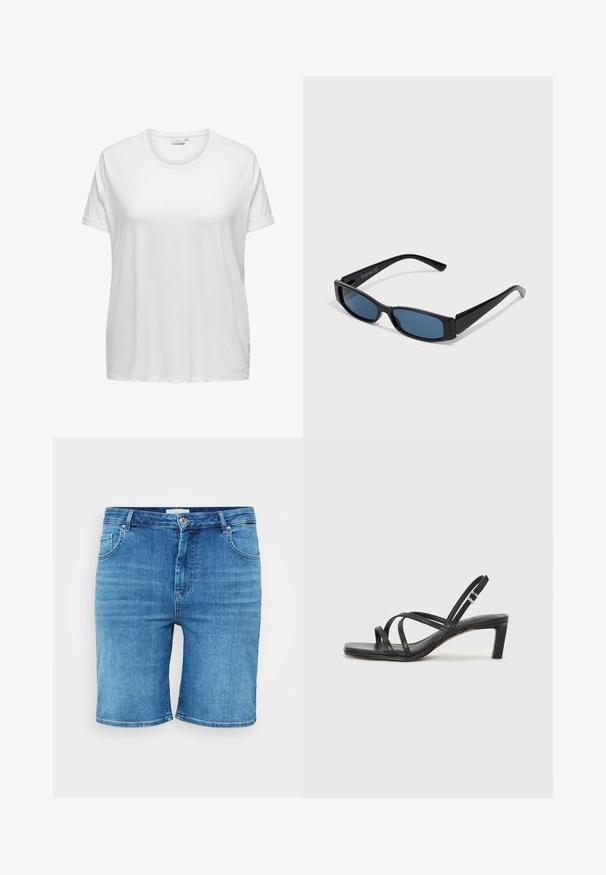 Weißes Baumwoll-T-Shirt mit rundem Halsausschnitt und kurzen Ärmeln. Lockere Passform mit glatter Textur und ohne sichtbare Muster oder Akzente.; Jeansshorts in Mittelblau, mit geradem Schnitt, Fünf-Taschen-Design und Knopfverschluss. Weicher Stoff, saubere, gesäumte Kanten.; Schwarze Sandale mit Riemchen, quadratischer Zehenform und niedrigem Blockabsatz. Verfügt über mehrere dünne Riemen und einen verstellbaren Knöchelriemen. Hergestellt aus glattem Leder.; Schwarze Sonnenbrille mit einem eleganten rechteckigen Rahmen und blauen Gläsern. Besitzt eine glatte Oberfläche und robuste Scharniere. Markenlogo an der Seite.