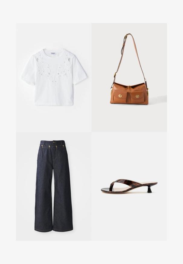 T-shirt blanc à manches courtes avec un motif floral brodé et des découpes à l'avant. Fabriqué en tissu doux, avec un col rond.; Jeans à jambes larges en denim foncé, dotés d'une taille haute, d'une fermeture à double bouton et de surpiqûres contrastées le long des coutures.; Sandale à talon kitten écaille de tortue marron avec bride entre les orteils et bout carré sur un fond clair uni.; Sac à bandoulière en cuir marron avec sangle réglable et deux poches avant avec fermetures twist-lock dorées sur fond uni.