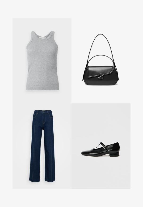 Graues, geripptes Tanktop mit Rundhalsausschnitt und breiten Schulterträgern. Der Stoff hat eine weiche Textur und eine figurbetonte Silhouette.; Dunkelblaue High-Waist weit geschnittene Jeans mit vorderen Taschen, Gürtelschlaufen und kontrastierenden Nähten auf einem schlichten hellen Hintergrund.; Schwarze Mary Jane Schuhe aus Leder mit spitzer Spitze, kleinem Blockabsatz und verstellbarem Riemen mit silberner Schnalle. Glatte, glänzende Textur.; Schwarze Lederschultertasche mit einer geschwungenen Klappe, die durch einen runden Metallverschluss gesichert ist, und einem schlanken, verstellbaren Riemen.