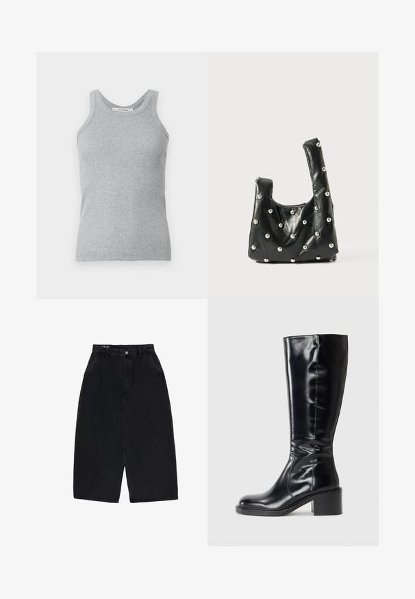 Graues, geripptes Tanktop mit Rundhalsausschnitt und breiten Schulterträgern. Der Stoff hat eine weiche Textur und eine figurbetonte Silhouette.; Schwarze, weite, gekürzte Jeanshose mit vorderem Knopf, Reißverschluss und Seitentaschen, flach auf weißem Hintergrund gelegt.; Schwarze kniehohe Stiefel mit glänzendem Lederfinish, runder Spitze und Blockabsatz. Glatte Textur mit sichtbaren Nähdetails.; Schwarze Lederhandtasche mit einer weichen Textur, runden Obergriffen und metallischen Perlenakzenten auf der Oberfläche. Kompakte, strukturierte Form.