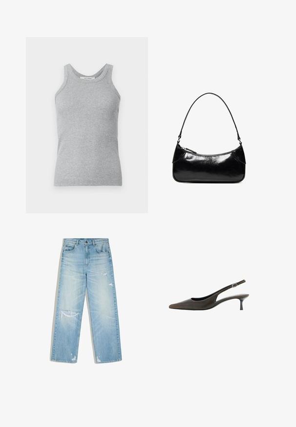 Grå ribbet tanktop med rund halsudskæring og brede skulderstropper. Stoffet har en blød tekstur og en tætsiddende silhuet.; Lyseblå falmede denimjeans med et lige snit, der har slidte rifter på låret, knæet og nær ved buksekanterne.; Sort læder slingback-sko med spids tå, lav kitten hæl og lille justerbar rem med spænde.; Sort, blank skuldertaske i læder med et enkelt rum med lynlås og en tynd rem buet i en bueform.