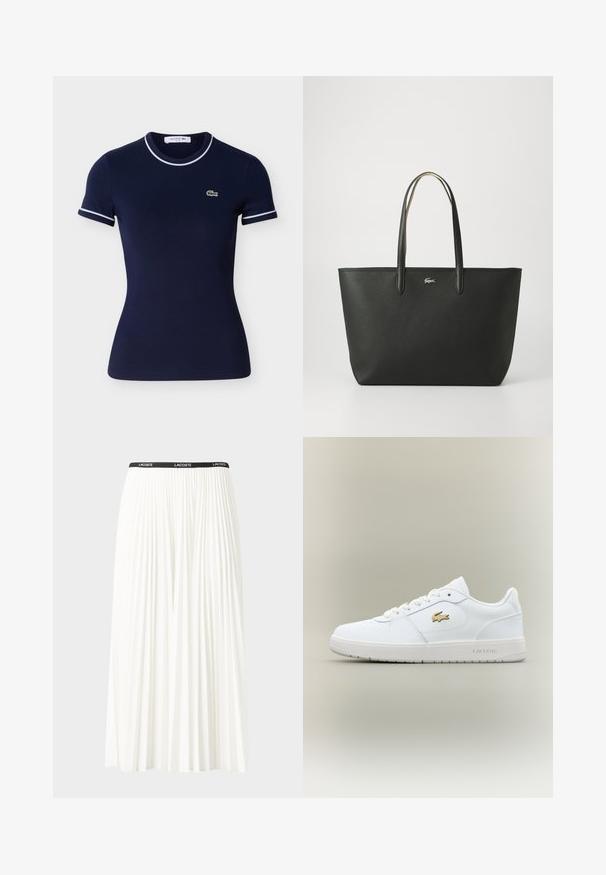 Marineblå bomulds-T-shirt med korte ærmer, der har hvid kant langs kraven og ærmerne samt en lille grøn Lacoste-logo.; Plisseret hvid nederdel med en sort elastisk talje, der har "LACOSTE"-logoet. Mellemlang design med blød tekstur.; Hvide lædersneakers med lavt design, rund tå, snøring og et guld Lacoste-logo som accent på siden.; Sort læder tote bag med en tekstureret finish, dobbelte håndtag og et lille sølvlogo foran. Enkel, rektangulær design.