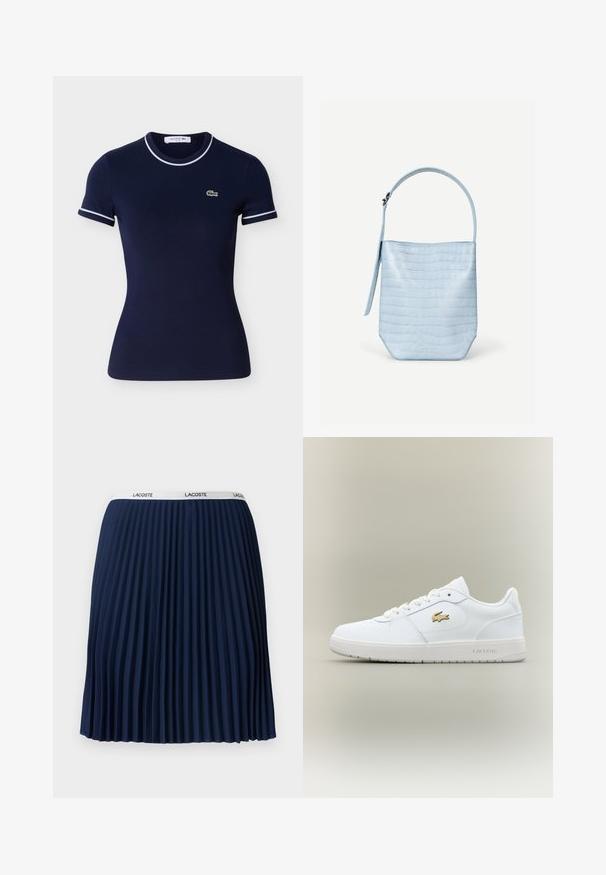 T-shirt en coton bleu marine à manches courtes, avec bordures blanches sur le col et les manches, et un petit logo Lacoste vert.; Jupe plissée navy avec un design texturé, taille élastique ornée du logo "LACOSTE" et tissu lisse.; Baskets en cuir blanc avec un design basse, bout arrondi, fermeture à lacets et un accent du logo doré Lacoste sur le côté.; Sac à main bleu clair avec texture crocodile, forme rectangulaire, poignée unique en haut et une bandoulière latérale suspendue sur un fond blanc uni.