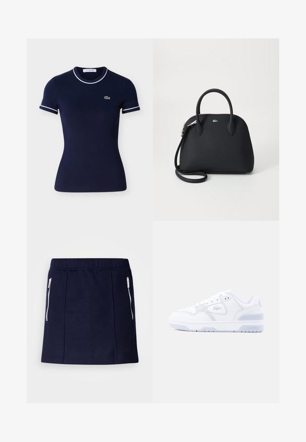 T-shirt en coton bleu marine à manches courtes, avec bordures blanches sur le col et les manches, et un petit logo Lacoste vert.; Jupe bleu marine en tissu doux, dotée de poches zippées blanches, au design ajusté et à la texture lisse. Longueur mi-cuisse.; Baskets Lacoste blanches basses avec détails cousus, lacets, embout perforé et logo crocodile embossé sur le côté et la semelle.; Sac à main noir en matériau texturé, doté de deux poignées supérieures et d'une bandoulière amovible, avec un accent logo en argent.