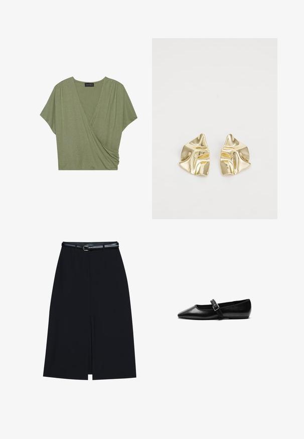 Haut en olive à manches courtes, en tissu léger et doux, avec un décolleté en V et des détails froncés sur les côtés.; Jupe noire à mi-cuisse avec une fente frontale, fabriquée en tissu lisse. Comprend une fine ceinture noire avec une boucle en argent et des passants.; Chaussure noire plate en cuir avec un bout pointu, bride réglable avec une boucle en métal, texture lisse et design minimaliste.; Boucles d'oreilles en métal doré avec un design ondulé ; surface lisse et réfléchissante ; forme asymétrique ; sans motifs ni éléments visibles.