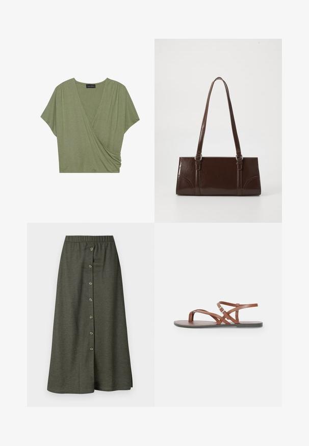 Krátky rukáv, olivovo zelený zavinovací top z mäkkého, ľahkého materiálu s výstrihom do V a zlúčenými bočnými detailmi.; Khaki midi sukňa so zapínaním na gombíky vpredu, ktorá má osem gombíkov, elastický pás a hladkú, ľahkú látku.; Hnedé kožené ploché sandále s prekrývajúcimi sa remienkami, otvoreným prstom a prackou okolo členku. Hladká textura a minimalistický štýl.; Hnedá lakovaná kožená kabelka s obdĺžnikovým tvarom, dvoma dlhými rúčkami a jemne zakrivenými akcentami na prednej strane.