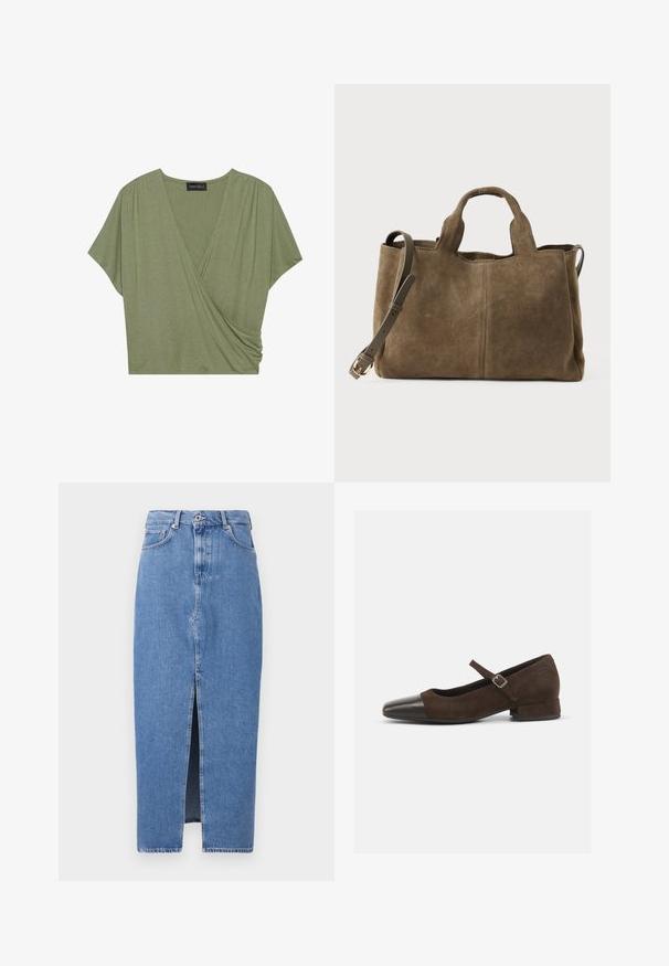 Korte mouwen, olijfgroene wikkeltop gemaakt van zachte, lichte stof met een V-hals en geplooide zijdetails.; Lichtblauwe denim midi-jurk met een voorkant split, klassieke vijf zakken ontwerp en sluiting met bovenste knoop. De stof heeft een lichte textuur.; Bruine suède Mary Jane-schoen met een zwarte lakleren neuskap, een verstelbare band en een lage blokhak. Gladde textuur met minimale accenten.; Bruine suède handtas met korte handvatten en een afneembare, verstelbare schouderband met een gouden gesp op een witte achtergrond.