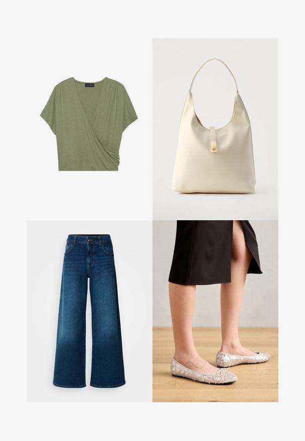 Korte mouwen, olijfgroene wikkeltop gemaakt van zachte, lichte stof met een V-hals en geplooide zijdetails.; Wijde jeans van donkerblauwe denim. Heeft een hoge taille, knoopsluiting en klassiek vijf-vakken ontwerp met subtiele vervaging.; Beige sequined balletschoenen met een ronde neus, voorzien van een strikaccent, gecombineerd met een zwarte rok, gepresenteerd op een houten vloer.; Crèmekleurige leren hobo-tas met een enkele schouderband, een gladde textuur en een goudkleurige sluiting aan de voorkant.