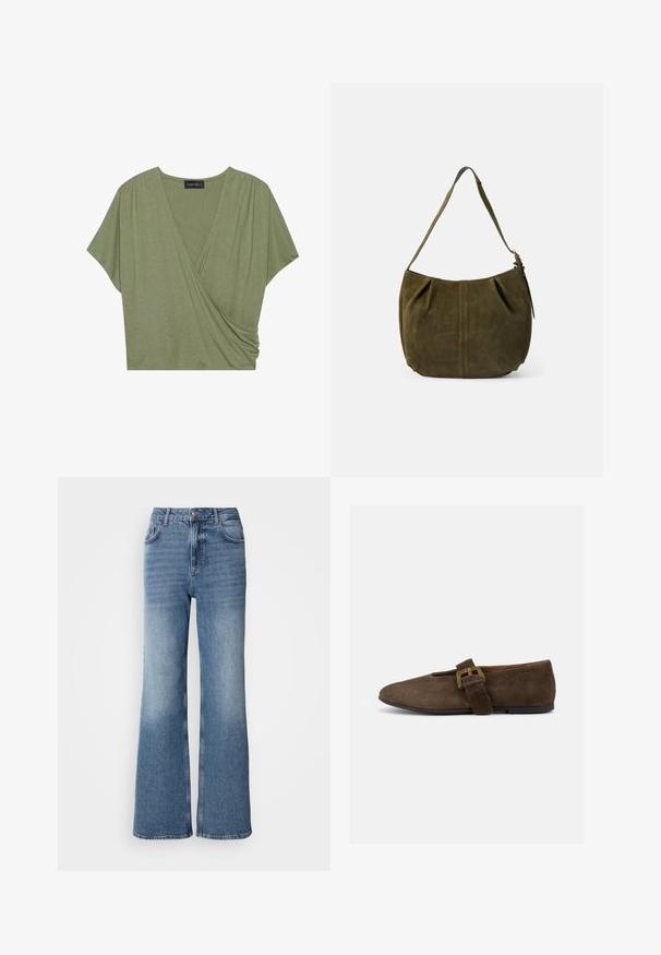 Haut en olive à manches courtes, en tissu léger et doux, avec un décolleté en V et des détails froncés sur les côtés.; Mos Mosh MAI - Jean droit - blue wash; Chaussure plate en daim marron avec une large bride et une boucle dorée, bout arrondi et semelle noire basse, vue de profil sur fond blanc.; Sac bandoulière en daim vert olive avec une sangle, un détail de couture centrale et une tirette de fermeture éclair latérale, sur un fond clair uni.