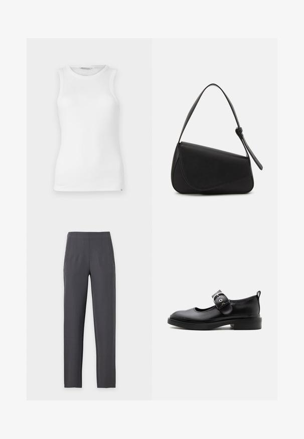Débardeur blanc sans manches en tissu côtelé, avec un col rond, une texture lisse et une petite étiquette de marque sur la couture latérale inférieure.; Pantalon droit gris foncé avec taille haute et plis subtils à l'avant, présenté sur un fond clair uni.; Chaussure Mary Jane en cuir noir avec une semelle épaisse, un bout arrondi, une bride à boucle argentée et un languette à l’arrière.; Sac à main en cuir noir de forme triangulaire, avec un rabat incliné et une poignée supérieure arrondie. Il présente une texture lisse et des détails de design minimalistes.