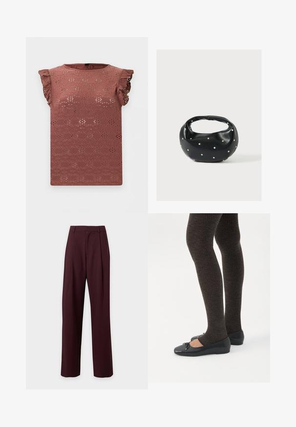 Blouse sans manches rose poudré avec motif en dentelle ajourée et épaules volantées.; Pantalon marron foncé taille haute sur mesure avec jambes droites et passants de ceinture, présenté sur un fond clair uni.; Jambes portant des leggings côtelés foncés associés à des ballerines noires avec de petits détails en nœud sur fond blanc.; Sac à main en cuir noir de forme arrondie, décoré de clous argentés et équipé d'une poignée courte. Texture lisse et fermeture éclair.