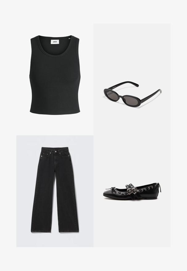 Débardeur noir à côtes avec un col rond et sans manches ; fabriqué à partir d'un tissu doux et extensible pour le confort et l'ajustement.; Jean noir taille haute à jambes larges avec fermeture à boutons et fermeture éclair à l'avant, passants de ceinture et cinq poches avant sur fond clair.; Chaussure de ballet plate noire avec doubles brides à boucle, œillets argentés et petit nœud près de l’orteil arrondi sur fond blanc.; Even&Odd by Zalando Lunettes de soleil - black