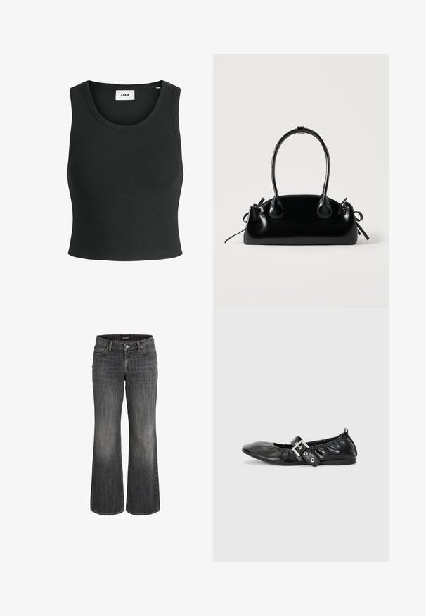 Débardeur noir à côtes avec un col rond et sans manches ; fabriqué à partir d'un tissu doux et extensible pour le confort et l'ajustement.; Jeans en denim noir délavé à coupe droite, avec bouton frontal, passants pour ceinture, et design à cinq poches.; Chaussure plate en cuir noir avec un nez pointu, des détails froncés autour de l'ouverture et un accent en boucle argentée sur la bride ajustable.; Petit sac à main noir brillant avec deux longues anses et des détails à cordon sur les côtés sur un fond clair uni.