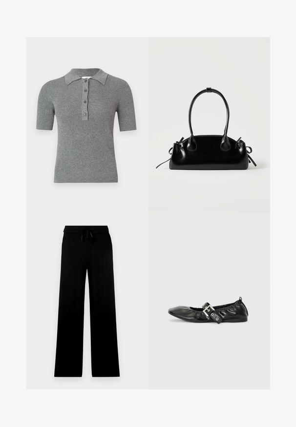 Polo gris côtelé avec un col à revers, des manches courtes et une patte de boutonnage à trois boutons. Fabriqué en tissu tricoté texturé.; Pantalon noir à jambes larges avec taille élastique et cordon ajustable, présenté sur un fond clair uni.; Chaussure plate en cuir noir avec un nez pointu, des détails froncés autour de l'ouverture et un accent en boucle argentée sur la bride ajustable.; Petit sac à main noir brillant avec deux longues anses et des détails à cordon sur les côtés sur un fond clair uni.