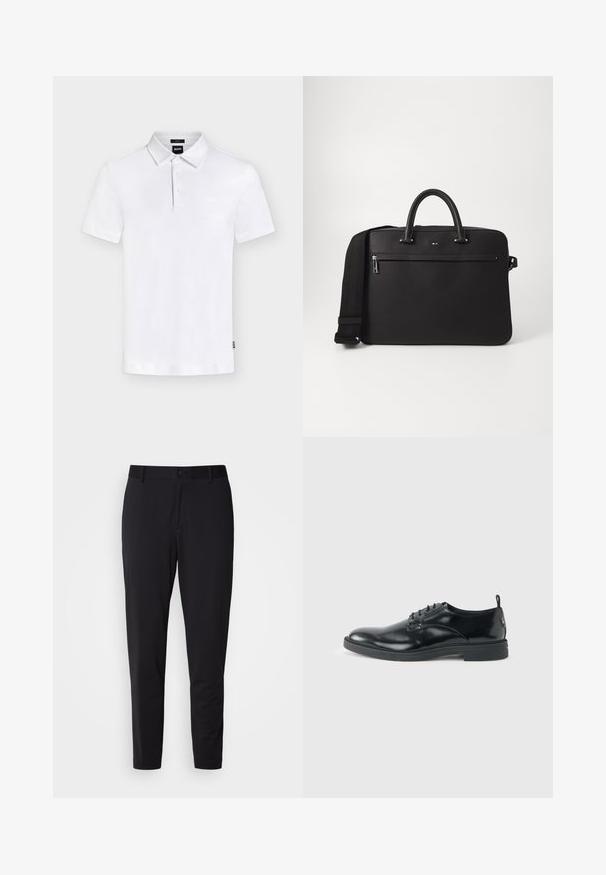 Wit poloshirt met korte mouwen, kraag en drie knopen, met een subtiel "BOSS"-logo op de borst en een klein label aan de zijkant.; Zwarte broek van een gestructureerde stof, met een rechte snit, standaard tailleband met een knoop, en zijzakken.; Glanzende zwarte lederen nette schoen met lage hak, vetersluiting en ronde neus, van opzij getoond tegen een effen lichte achtergrond.; Zwarte leren tas met een soepele textuur, dubbele handvatten aan de bovenkant en een afneembare schouderband. Beschikt over een ritsvak aan de voorkant en logo-detail.