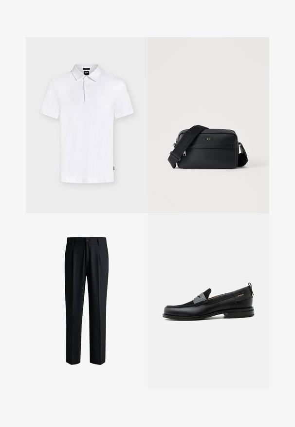 Polo blanco de manga corta con cuello y tres botones, con un sutil logo "BOSS" en el pecho y una pequeña etiqueta en el lateral.; Pantalones negros de tela suave, con un diseño de pierna recta, pliegues en la parte delantera y cierre de botón con trabillas para cinturón.; Mocasín de cuero negro con detalle de tira gris, tacón bajo y suela texturizada, con la marca "HUGO" en oro en el lateral.; Bolso bandolera negro de cuero texturizado con bolsillo frontal con cremallera y correa de hombro ancha de tela ajustable sobre fondo blanco.