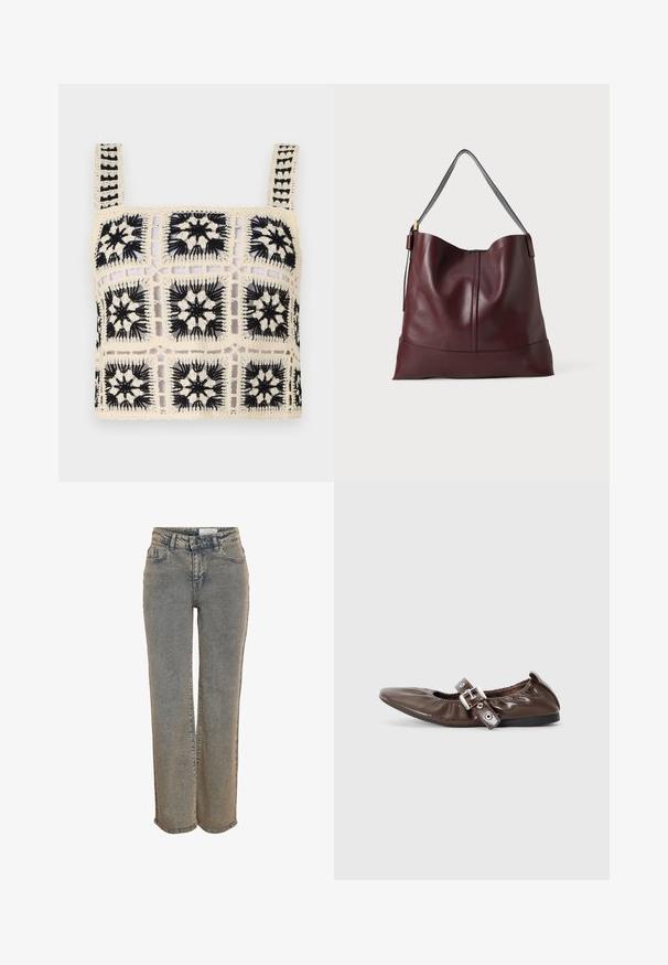 Gehaakte crop top met een roomkleurige basis en zwarte bloemige borduursels, vierkante motieven en verstelbare schouderbandjes. Het opengewerkte ontwerp voegt textuur toe.; Grijze jeans met rechte pijpen, gewassen denim, voorzakken, riemlussen en een knoop- en ritssluiting in de taille.; Bruine gepatineerde leren ballerina met een spitse neus, elastische strikdetail en een zilveren gespaccent aan de zijkant. Zwarte rubberen zool.; Bordeaux leren tote bag met een gebogen bovenkant, grijze band en subtiele naaddetails. De gladde textuur en slouchy vorm verbeteren het ontwerp.