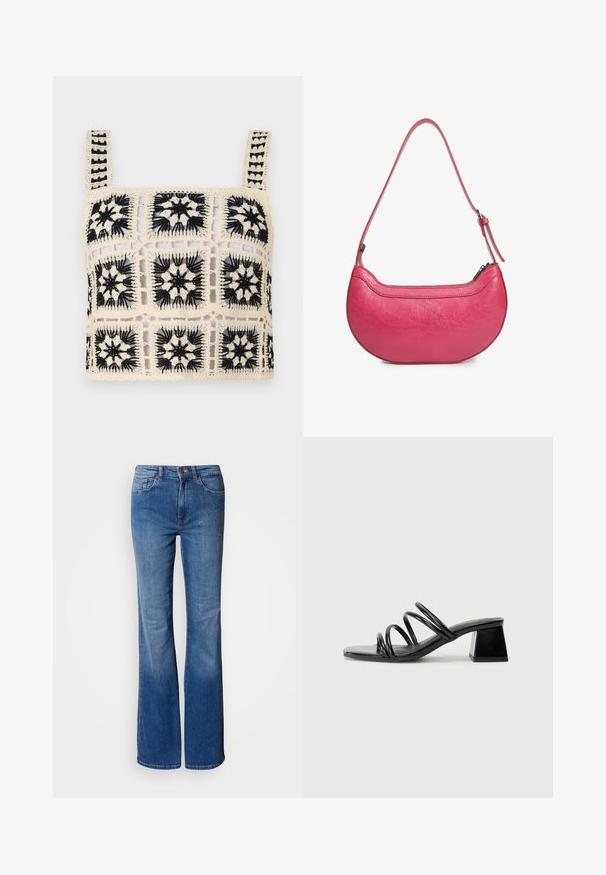 Gehaakte crop top met een roomkleurige basis en zwarte bloemige borduursels, vierkante motieven en verstelbare schouderbandjes. Het opengewerkte ontwerp voegt textuur toe.; Lichtblauwe wijde spijkerbroek gemaakt van denim. Voorzien van een hoge taille, voorzakken en subtiele versieringen langs de heup. Gladde textuur.; Zwarte hakkensandaal met een vierkante neus, voorzien van drie gedraaide banden op de bovenkant en een stevige vierkante hak. Glad, glanzend materiaal.; Roze leren handtas met een gebogen vorm, een enkele verstelbare schouderriem en een ritssluiting aan de bovenkant. Geprofileerde afwerking met zichtbare kreukels.