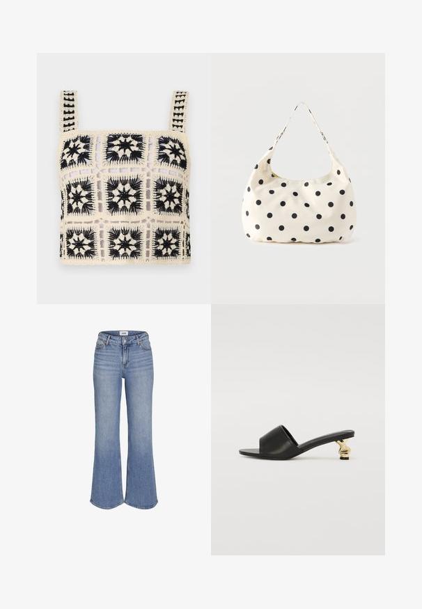 Hæklet crop top med en cremefarvet base og sort blomsterbroderi, firkantede motiver og justerbare stropper. Den åbne vævning tilføjer tekstur.; Højtaljede, lyseblå denimjeans med vide bukseben og frontknaplukning.; Sorte lædersandaletter med åben tå og en buet guldfarvet hæl. Flad sål med minimalistisk design og glat tekstur.; Håndtaske i cremefarvet stof med sorte polkaprikker og en enkelt skulderrem, vist mod en ensfarvet hvid baggrund.