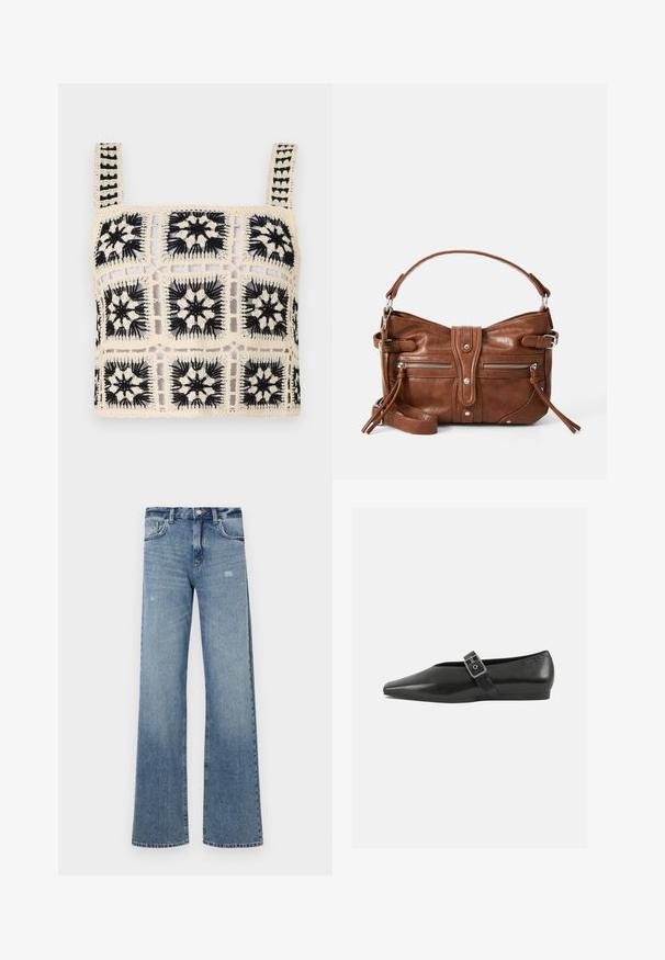 Hæklet crop top med en cremefarvet base og sort blomsterbroderi, firkantede motiver og justerbare stropper. Den åbne vævning tilføjer tekstur.; Lyseblå denimjeans med høj talje, vidde ben, let slid og traditionel fem-lomme struktur.; Sorte læder flade sko med spidse tæer, prydet med en metallisk spænde over vristen og en lav, fleksibel sål.; Brun læderhåndtaske med en rund form, to frontlommer med lynlås og en aftagelig skulderrem. Udstyret med hardware og syninger i sølvfarve.