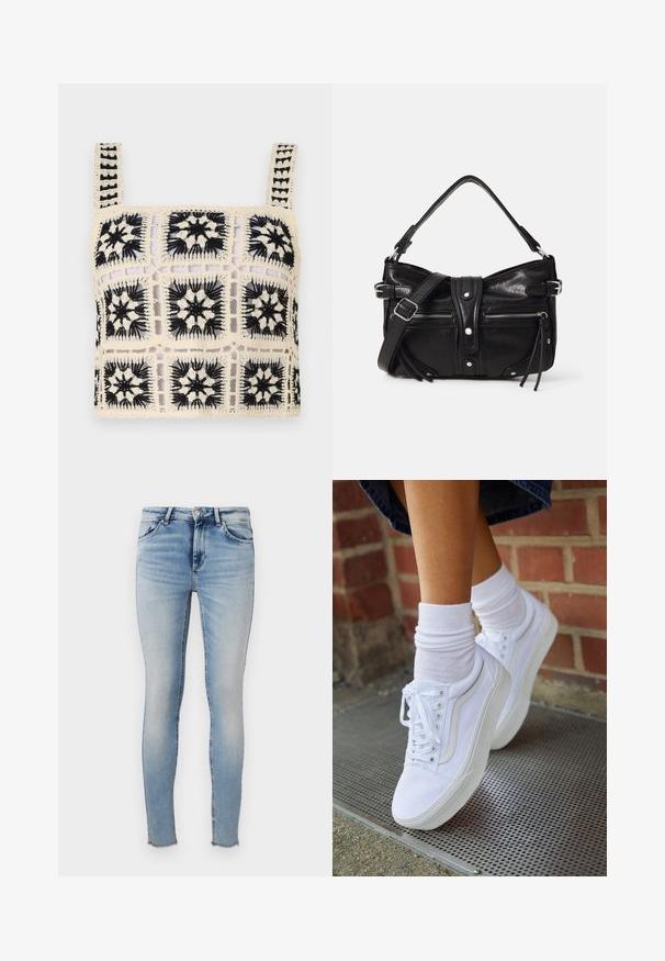 Hæklet crop top med en cremefarvet base og sort blomsterbroderi, firkantede motiver og justerbare stropper. Den åbne vævning tilføjer tekstur.; Lyseblå skinny jeans lavet af denim, med høj talje, fem lommer og flosset kant. Glat struktur med en falmet finish.; Hvide lærreds sneakers med gummisåler, der har seks snørehuller, rund tå og let sømdetaljer, krydret med hvide ankelstrømper.; Even&Odd H24462 - Håndtasker - black