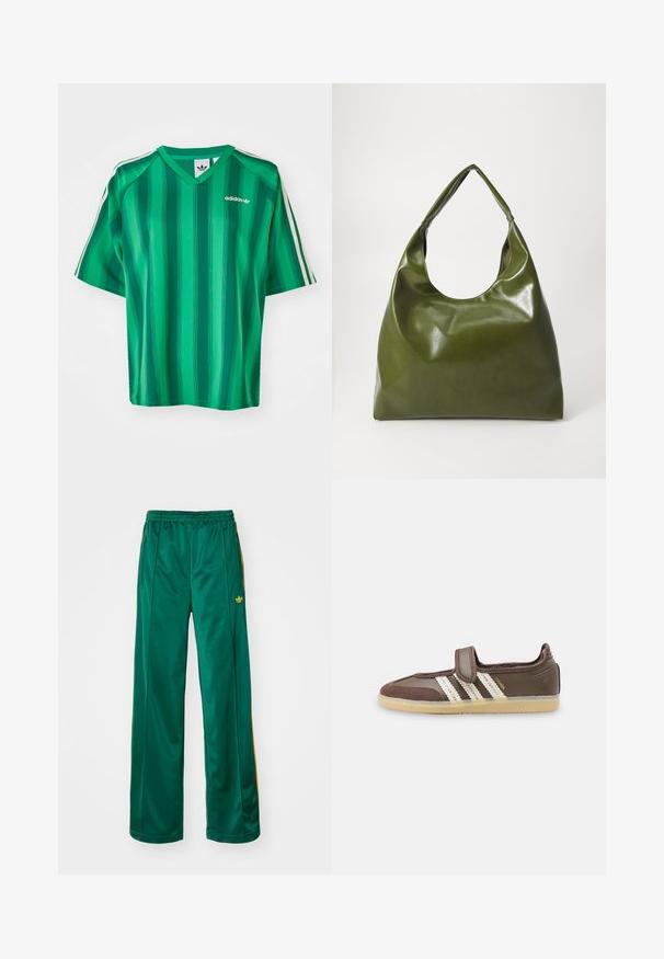 Zelené pruhované tričko s krátkym rukávom, výstrihom do V a logom Adidas. Má kontrastné biele bočné pruhy a hladkú, ľahkú tkaninu.; Zelené saténové športové nohavice s voľným strihom, s žltými pruhmi a vyšitým logom na ľavej strane. Elastický pás.; Hnedá teniska s béžovou gumovou podrážkou, tromi bielymi pásikmi na boku a jedným suchým zipsom na vrchu.; Zelená kožená hobo taška so uvoľneným dizajnom, zakriveným držadlom a hladkým povrchom. Neobsahuje žiadne viditeľné kovania ani akcenty.