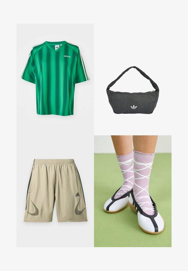 Zelené pruhované tričko s krátkym rukávom, výstrihom do V a logom Adidas. Má kontrastné biele bočné pruhy a hladkú, ľahkú tkaninu.; Svetlobéžové športové šortky z ľahkej tkaniny s tmavozelenými pruhmi po stranách, pružným pásom a logo detailmi.; Nohy v rebrovaných levanduľových ponožkách s bielymi krížovými pásmi v kombinácii s bielymi baletnými papučkami s čiernym lemom na zelenej podlahe.; Tmavomodrá tmavosivá taška cez rameno vyrobená z textúrovanej látky, s uzatváraním na zips a vyšívaným logom na prednej strane. Dlhý, zaoblený popruh.