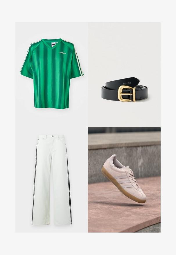 Rohelist triibulist lühikeste varrukatega T-särki, millel on V-kaelus ja Adidas logo. Disainitud valgete kontrastsete külgtriipudega ning valmistatud siledast, kergest kangast.; Laia säärtega teksad helerohelisest denimist, millel on mustad küljestriigid. Viie taskuga disain, millel on metallist detailid ja vöökoha juures nööpkinnitus.; Hele roosa seemisnahast vabaajajalats kummi tallaga. Omab kolme külgmist triipu ja reljeefset "Gazelle" brändi külgmisel pinnal.; Mustast nahast vöö kuldse metallpandlaga, millel on sile tekstuur ja nahale pressitud brändilogo.