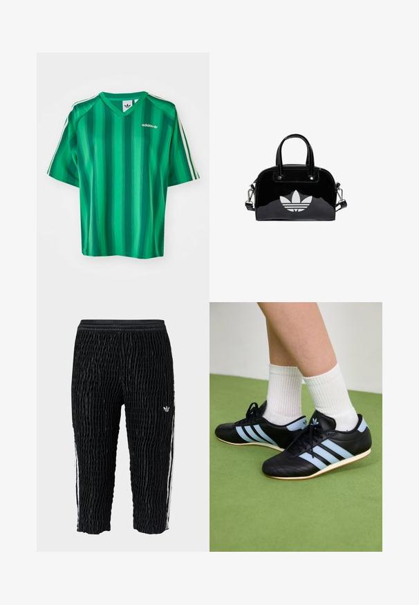 Zelené pruhované tričko s krátkym rukávom, výstrihom do V a logom Adidas. Má kontrastné biele bočné pruhy a hladkú, ľahkú tkaninu.; Čierne teplákové nohavice Adidas s textúrou, elastickým pásom, bielymi bočnými pruhmi a malým bielym logom Adidas na stehne, so skrátenou dĺžkou.; Čierne kožené športové topánky so svetlomodrými pruhmi, textúrovanými zvrškom a gumovou podrážkou, v kombinácii s bielymi rebrovanými ponožkami na zelenej podlahe.; Čierna lakovaná kožená kabelka s okrúhlym tvarom, dvojitými hornými rúčkami, striebornými akcentmi a výrazným bielym logom na prednej strane.