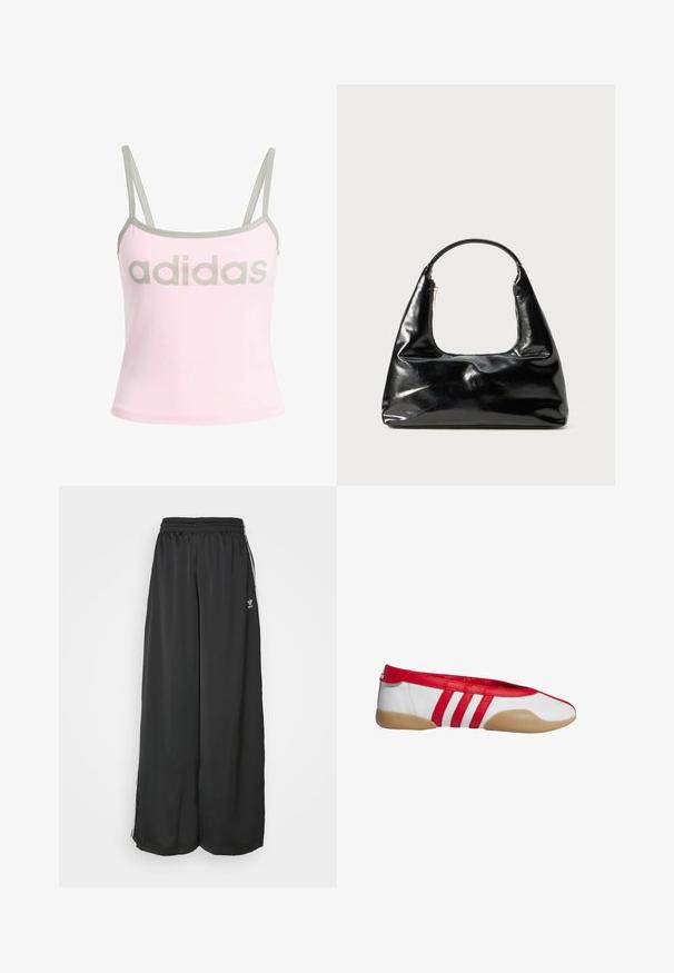 Helles rosa Tanktop mit grauen Akzenten und verstellbaren Spaghetti-Trägern, mit einem großen, mittig platzierten grauen "adidas"-Logo. Aus Baumwollmaterial.; Schwarze, locker sitzende Jogginghosen aus glattem Material. Mit elastischem Bund und seitlichen Streifen mit Logo-Akzenten.; Roter und weißer Ballerina mit abgerundetem Zehenbereich, aus glattem synthetischem Material gefertigt. Verfügt über drei rote Streifen und eine beige Gummisohle.; Schwarze Lacklederhandtasche mit einem halbkreisförmigen Griff, trapezförmiger Form, glatter Oberfläche und einem einzigen Reißverschlussdetail.