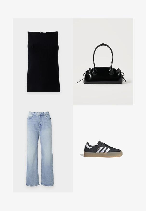 Top sin mangas negro de canalé con un escote recto, que presenta una textura suave y una silueta ajustada.; Jeans de pernera ancha en azul claro, confeccionados en denim, con una cinturilla de talle alto, cinco bolsillos y un dobladillo con desgastes sutiles.; Zapatilla deportiva de cuero negro con tres rayas plateadas, punta texturizada y suela de goma. Cuenta con un collar acolchado y un diseño con cordones.; Pequeño bolso negro brillante con dos asas largas y detalles de cordón lateral sobre un fondo claro liso.