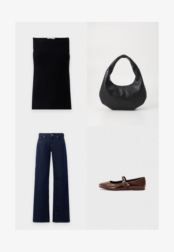 Top sin mangas negro de canalé con un escote recto, que presenta una textura suave y una silueta ajustada.; Jeans de pierna ancha en denim azul oscuro, con diseño estándar de cinco bolsillos, costuras de cobre y cierre de botón en la cintura.; Bailarina de charol marrón con punta cuadrada y tira que presenta una pequeña hebilla dorada. Textura suave, tacón bajo y diseño minimalista.; Bolso de mano tejido en negro con un asa curvada, que presenta una superficie texturizada y una forma holgada. Acabado suave con una silueta orgánica.