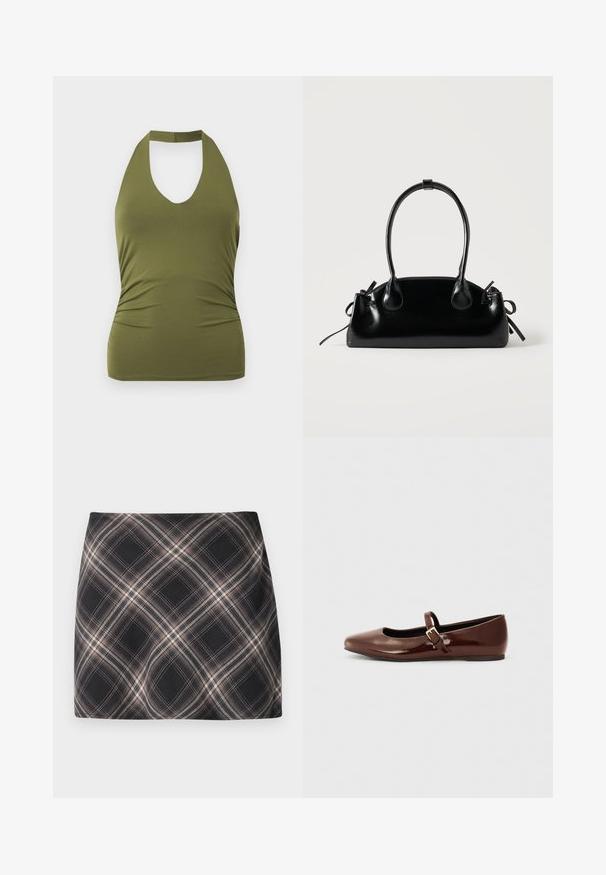 Haut dos nu vert olive avec un décolleté en V profond et une taille ajustée, présenté sur fond blanc.; Jupe mini à carreaux noir et beige avec un motif à checks diagonal, taille ajustée et texture de tissu lisse.; Ballerine en cuir verni marron avec un bout carré et une lanière ornée d'une petite boucle dorée. Texture lisse, talon bas et design minimaliste.; Petit sac à main noir brillant avec deux longues anses et des détails à cordon sur les côtés sur un fond clair uni.