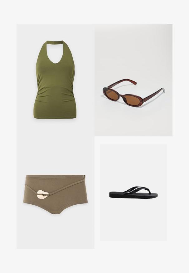 Haut dos nu vert olive avec un décolleté en V profond et une taille ajustée, présenté sur fond blanc.; Bas de bikini taille haute vert olive avec une boucle décorative en pierre couleur crème et un détail de bretelle diagonale sur le devant.; Sandale tong noire en caoutchouc avec semelle texturée et brides lisses, vue de côté sur un fond gris clair uni.; Lunettes de soleil rondes teinte brun avec une monture bordeaux brillante. Branches fines avec un détail de marque subtil. Design de verres plats.