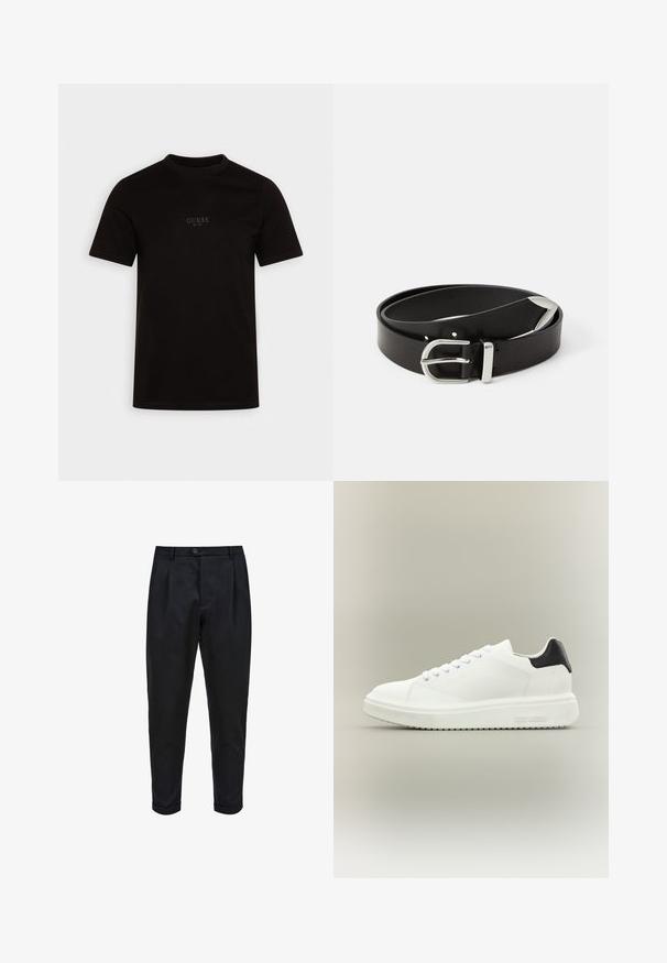 Sort kortærmet t-shirt lavet af bomuld, med rund halsudskæring og et logo på forsiden af brystet med "GUESS EST. 1981" i et diskret design.; Sorte bukser lavet af et glat stof, med plisseret for, tætsiddende pasform og optrukne mansjetter. Enkel knaplukning i taljen.; Hvid lav sneakers med tyk sål, snørelukning foran og sort hælstrop, mærket med "Steve Madden" på siden af sålen.; Sort læderbælte med en sølvmetalsnore, der har et klassisk design og en glat tekstur. Indeholder huller til justerbar pasform.