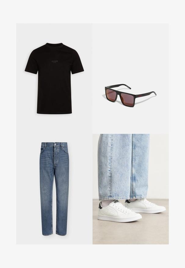 Sort kortærmet t-shirt lavet af bomuld, med rund halsudskæring og et logo på forsiden af brystet med "GUESS EST. 1981" i et diskret design.; Straight-leg blå denim jeans med høj talje, frontknaplukning og fem-lomme design på en ensartet lys baggrund.; Hvide sneakers med en glat lædertekstur, sorte hæl detaljer og perforerede elementer. Sammen med lyseblå bukser med vide ben i denim.; Sorte rektangulære solbriller med mørkerøde linser, med en mat finish og rød logo på stangen. Solid plastikramme.