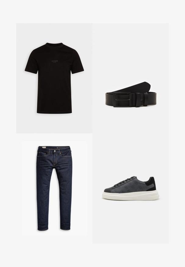 Sort kortærmet t-shirt lavet af bomuld, med rund halsudskæring og et logo på forsiden af brystet med "GUESS EST. 1981" i et diskret design.; Mørkeblå denimjeans med slim fit, med orange syninger, fem-lomme design og metalhardware. Glat tekstur, ingen mønstre.; Sort sneakers med struktureret grå stofoverdel, sort læder tåhætte og hvid chunky sål. Har logodetaljer og snørebåndsdesign.; Sort læderbælte rullet med en mat sort rektangulær metalspænde og to bæltesløjfer på en hvid baggrund.