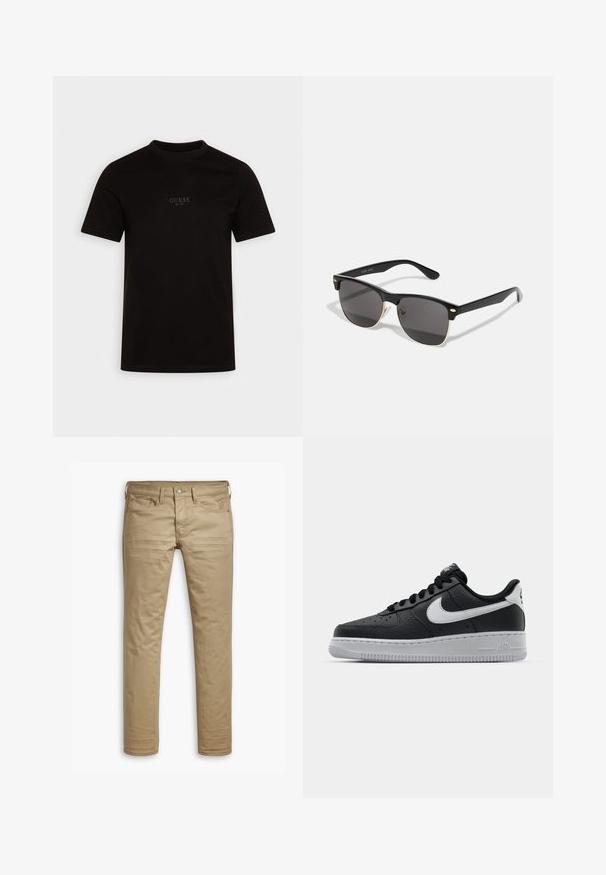 Sort kortærmet t-shirt lavet af bomuld, med rund halsudskæring og et logo på forsiden af brystet med "GUESS EST. 1981" i et diskret design.; Tan chinos med en lige pasform, der har en frontlukning med knap, bæltestropper, to forlommer og en glat tekstur.; Sort lædersneaker med tekstureret overflade, hvid Nike swoosh, grå sål, rund tå og snørebåndsdesign. Har perforeringer på tåboksen.; Pier One Solbriller - black/gold-coloured