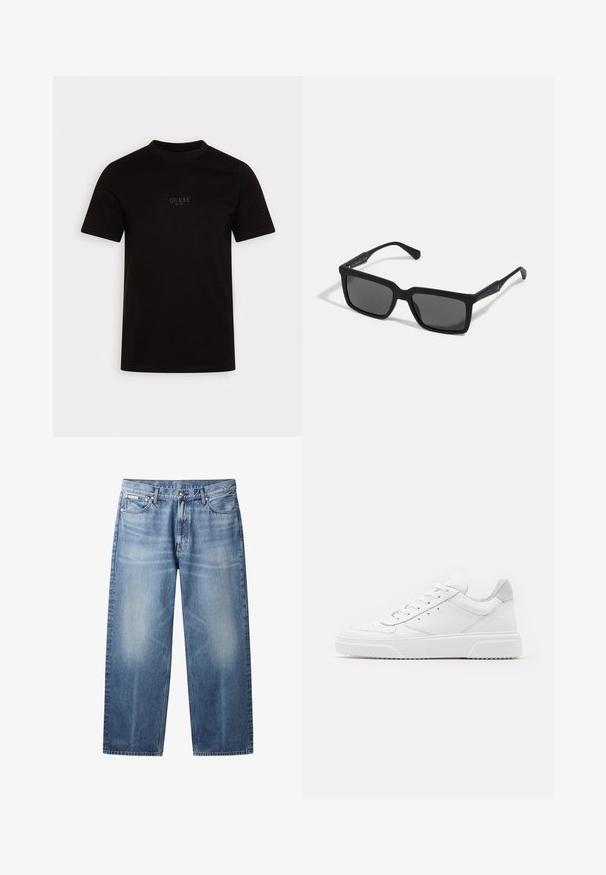 Sort kortærmet t-shirt lavet af bomuld, med rund halsudskæring og et logo på forsiden af brystet med "GUESS EST. 1981" i et diskret design.; Lyseblå jeans med lige ben, falmede områder, fem lommer, knaplukning og Calvin Klein-mærke på højre forlommer.; Hvide lædersneakers med en glat finish, rund tå, flade snørebånd og en struktureret sål. Grå ruskindsdetalje ved hælen.; Sorte solbriller med rektangulære linser, mat finish, tykke stel og slanke arme med en subtil brandingdetalje.