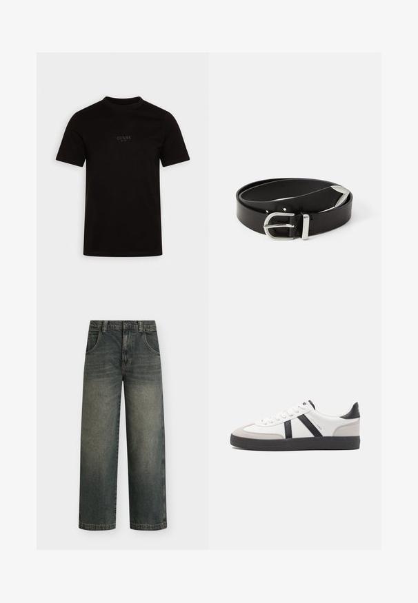 Schwarzes T-Shirt mit kurzen Ärmeln aus Baumwolle, mit Rundhalsausschnitt und einem dezenten Frontlogo auf der Brust, das "GUESS EST. 1981" zeigt.; Weit geschnittene Jeans aus dunklem Denim mit ausgewaschenem Effekt, fünf Taschen und Knopfverschluss; zeichnet sich durch kontrastierende Nähte und einen geraden Saum aus.; Weiße Sneaker mit schwarz- und grau-aczenten, ausgestattet mit einer strukturierten grauen Zehenkappe, schwarzer Gummi-Sohle und flachen weißen Schnürsenkeln. Sauberes Design, minimalistische Stil.; Schwarzer Ledergürtel mit einer silbernen Metallschnalle, die ein klassisches Design und eine glatte Textur aufweist. Mit Löchern für eine verstellbare Passform.