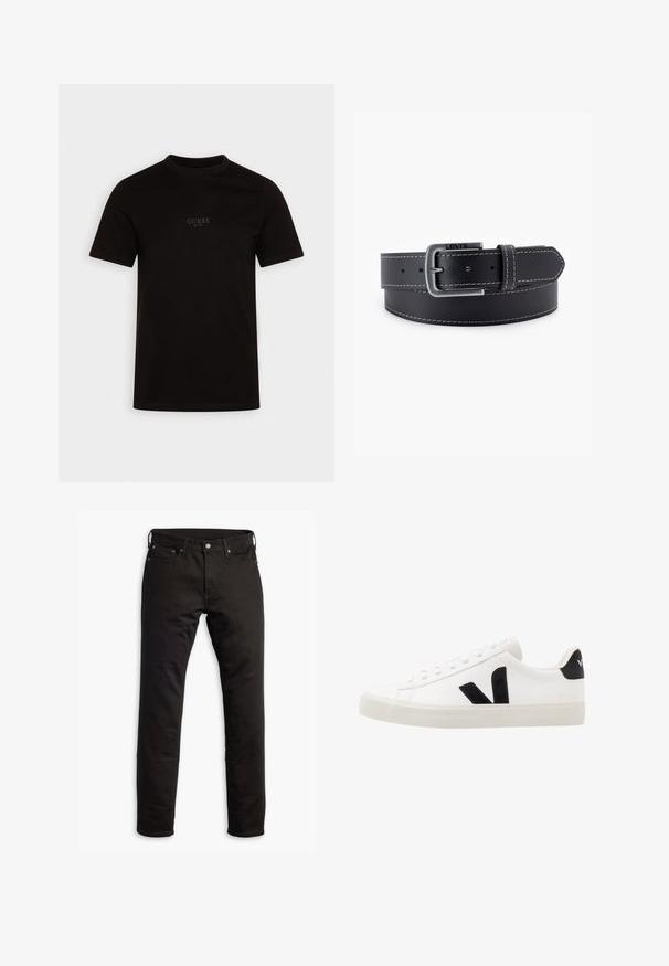 Sort kortærmet t-shirt lavet af bomuld, med rund halsudskæring og et logo på forsiden af brystet med "GUESS EST. 1981" i et diskret design.; Sorte denimjeans med et lige ben-design, forlommer og knaplukning. Stoffet har en glat tekstur og minimal detaljering.; Hvide lædersneakers med sorte ruskindsdetaljer; har en gummisål, rund tå og klassisk snørebåndsdesign. Side logo i sort.; Sort læderbælte med en sølvfarvet metalspænde, kontrasterende hvide syninger og en glat overflade. Indeholder flere justeringshuller.