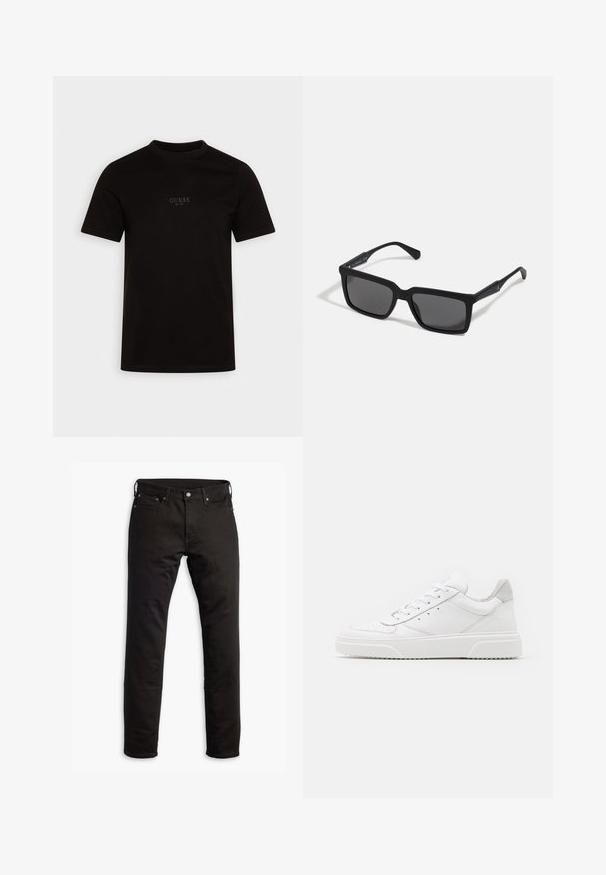 Schwarzes T-Shirt mit kurzen Ärmeln aus Baumwolle, mit Rundhalsausschnitt und einem dezenten Frontlogo auf der Brust, das "GUESS EST. 1981" zeigt.; Schwarze Denim-Jeans mit geradem Bein, Fronttaschen und Knopfverschluss. Der Stoff hat eine glatte Textur und minimale Details.; Weiße Leder-Sneaker mit glatter Oberfläche, rundem Zehenbereich, flachen Schnürsenkeln und strukturiertem Schuhsohlen. Graues Wildleder-Detail an der Ferse.; Schwarze Sonnenbrille mit rechteckigen Gläsern, mattem Finish, dickem Rahmen und schlanken Bügeln mit dezentem Branding-Detail.